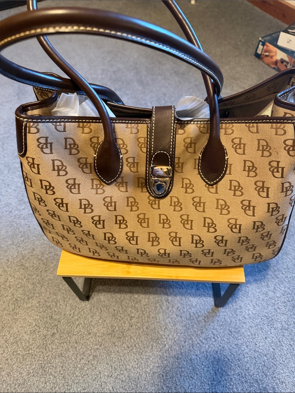 Dooney & Bourke Tan & Brown Monogram Large Canvas w/ leather Shoulder Bag - Picture 8 of 8